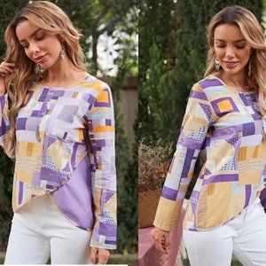 Emery Rose Patchwork Print Tulip Hem Blouse